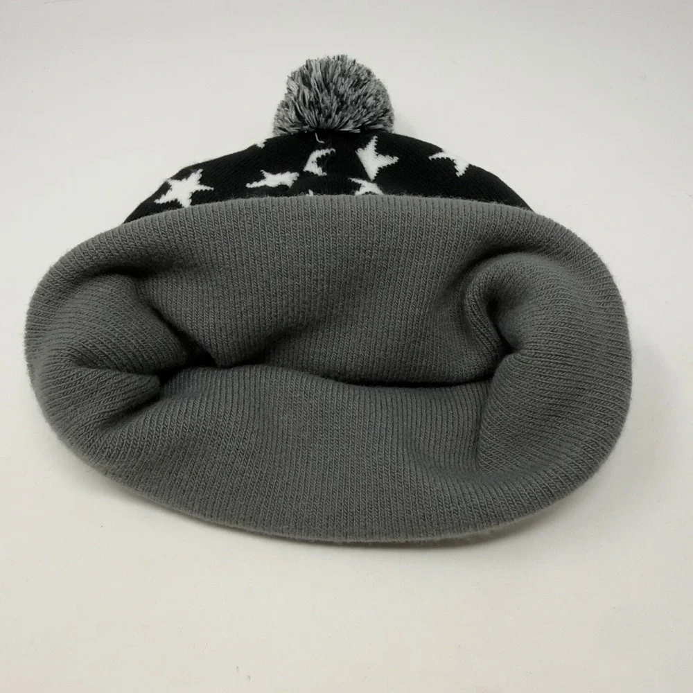 Stussy Star Pattern Knit Pom Cuffed Beanie Black Grey White Unisex OSFM EUC